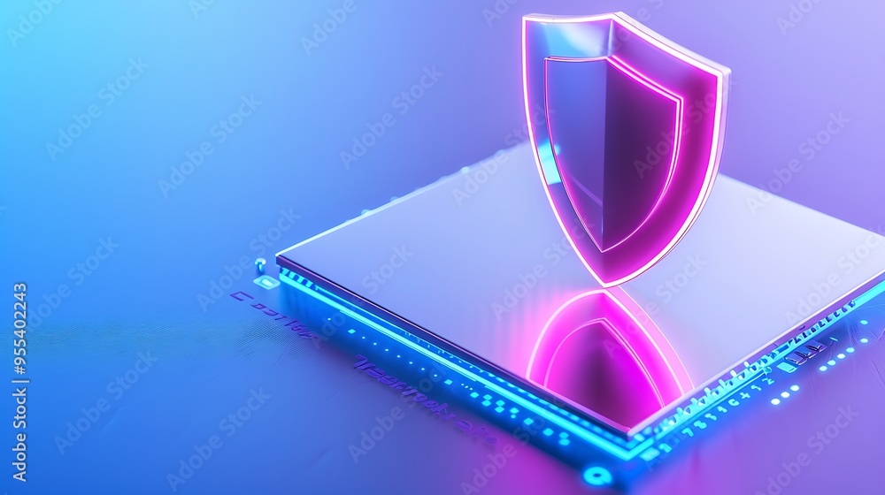 Poster digital security shield symbol representing cybersecurity and data protection, glowing on a futurist