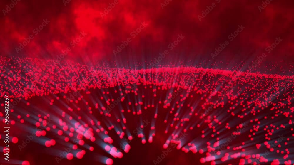 Poster futuristic moving shiny light beam red dot particle isolated on space dust background 4k loopable. f