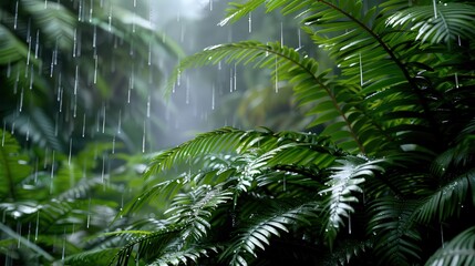 Obraz premium Rain-soaked ferns and undergrowth in a tropical jungle, with raindrops glistening on the leaves and a gentle mist rising in the background.