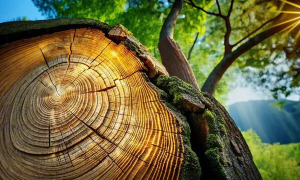 Close-up of tree stump with detailed texture and sunlight shining through trees in natural environment