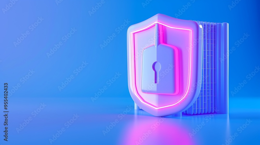 Poster digital security shield with neon lights and padlock symbol on blue background. representation of cy