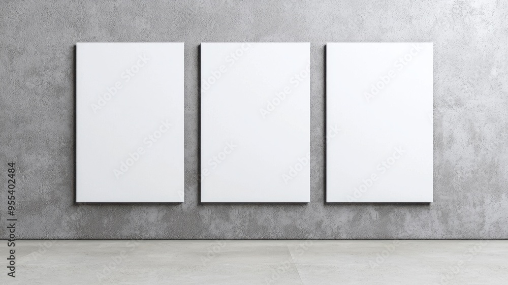 Poster minimalist setting with three empty canvases on a concrete wall, perfect for art displays or gallery