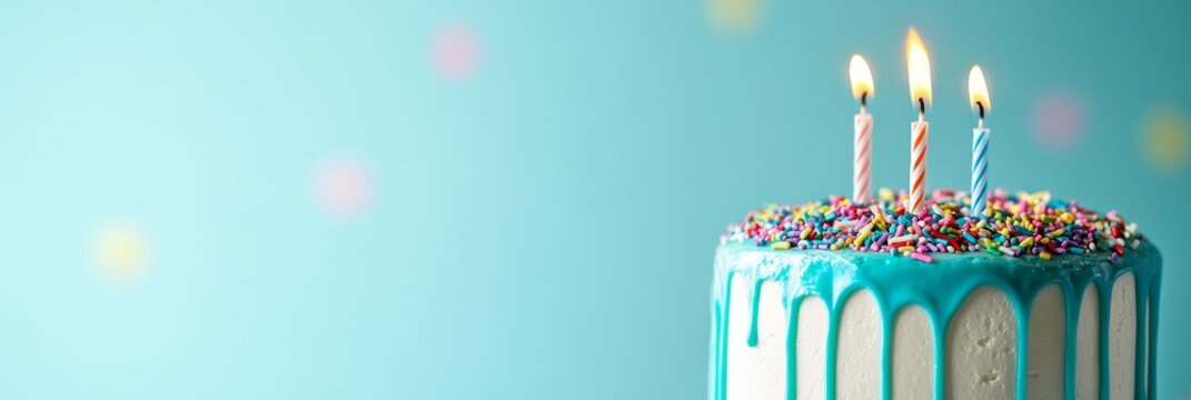 A white birthday cake with blue drizzled icing and colorful sprinkles, topped with three lit candles. The cake symbolizes celebration, joy, sweetness, and new beginnings.