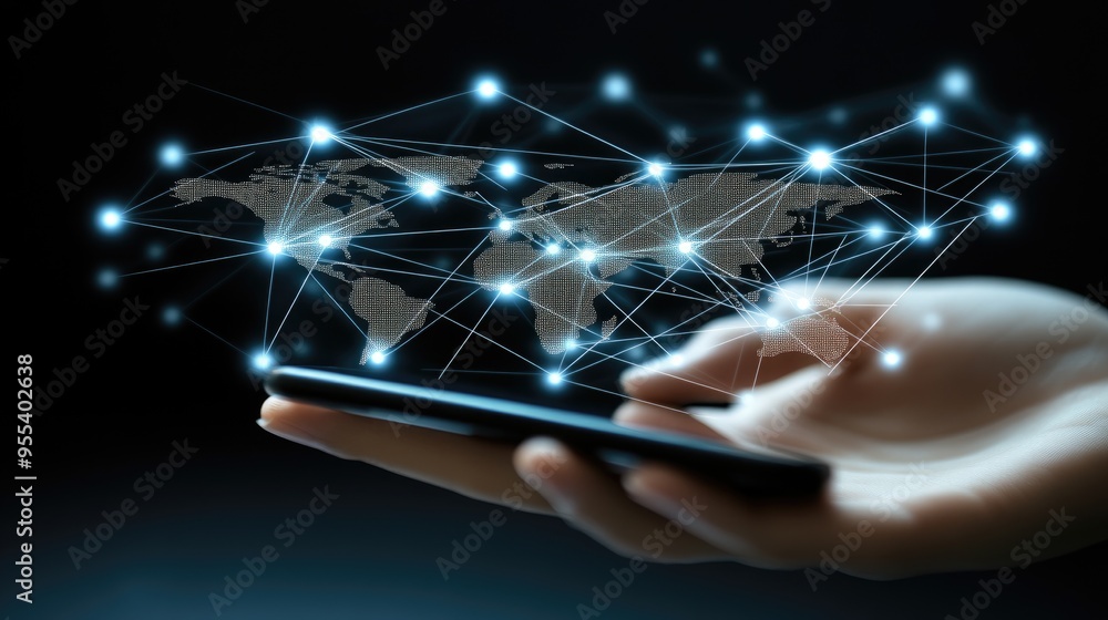 Poster a smartphone in the foreground highlights a digital network overlaying a blurred world map, illustra
