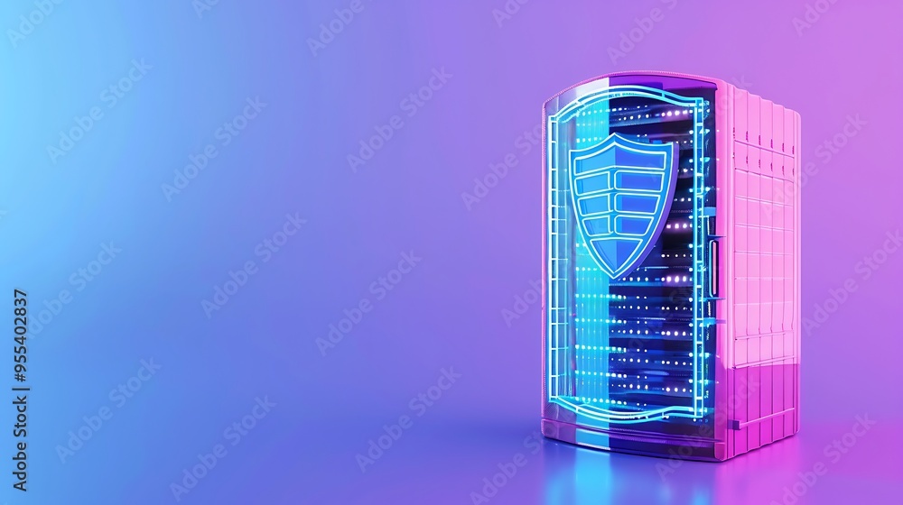 Poster digital server with a glowing shield icon symbolizing cybersecurity on a blue and pink gradient back