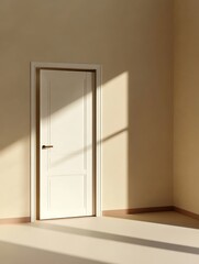 A white door stands open against a warm beige wall, bathed in soft sunlight. The open door symbolizes acceptance, invitation, new beginnings, and the warmth of home. The light streaming through the do