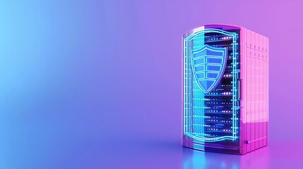 Digital server with a glowing shield icon symbolizing cybersecurity on a blue and pink gradient background.