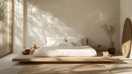 A tranquil minimalist bedroom with a neutral color palette, a low-profile bed, and natural materials, promoting a sense of relaxation and serenity.