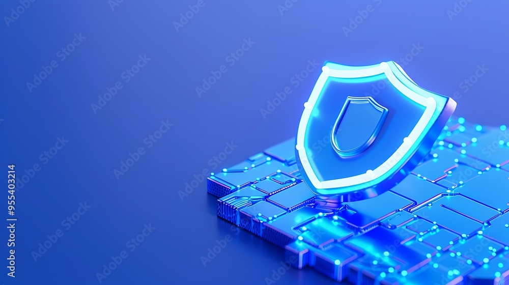 Poster digital shield and circuitry symbolizing cybersecurity protection, blue background. futuristic techn