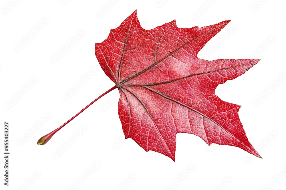 Poster a single red maple leaf with veins and a stem isolated on a white transparent background.