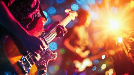 Obraz premium Band performing on a concert stage, with a focus on the guitarist, blurred for a live music effect.