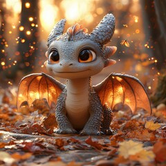 Obraz premium Charming dragon with big eyes among autumn leaves and fireflies, fantasy atmosphere