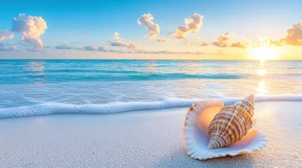 A serene beach scene at sunset featuring a beautiful shell on the sand with gentle waves in the background.