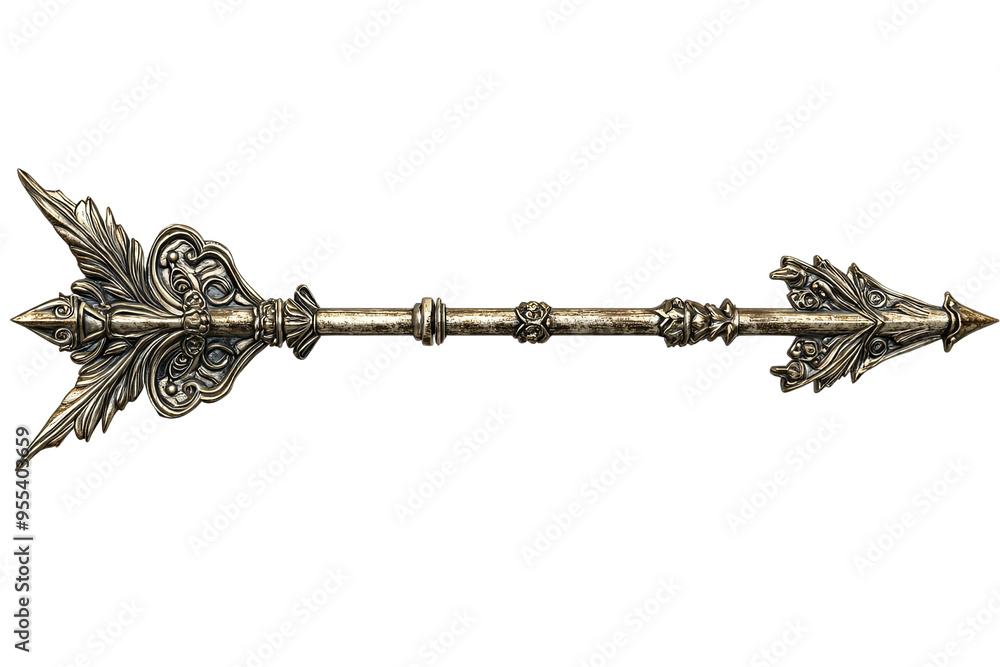 Poster a golden arrow with intricate details pointing to the right, isolated on a white transparent backgro