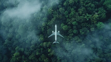 Innovative biofuel concept  a white airplane soaring above lush green trees in a misty rainforest