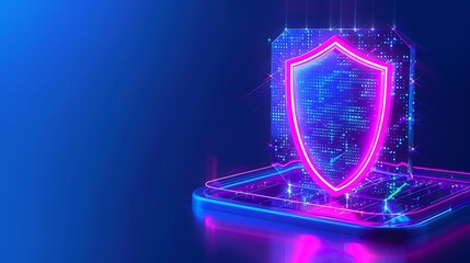 Digital shield glowing with neon lights, representing cybersecurity and network protection on a futuristic digital interface.