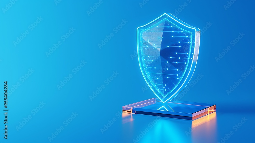 Poster digital shield icon in blue environment representing cybersecurity and data protection. futuristic 3