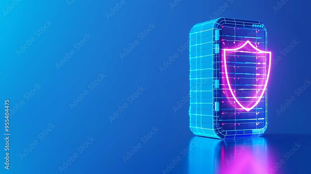 Poster digital shield icon on a glowing server, representing cybersecurity, data storage, and network prote