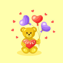 A cute light brown teddy bear with a heart that says LOVE and heart-shaped balls on a yellow square background with hearts. A greeting card. Vector illustration.
