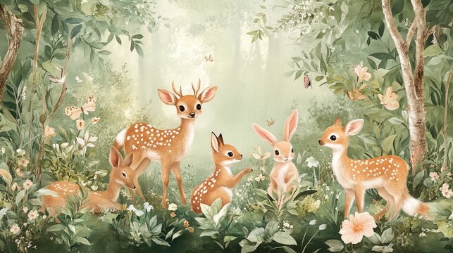 Bring the magic of the forest into your child's room with this enchanting wallpaper mural. Featuring adorable animals like deer, foxes, and bunnies frolicking amidst lush greenery