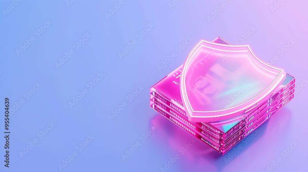 Poster digital shield icon on pink and blue gradient background representing cybersecurity and data protect