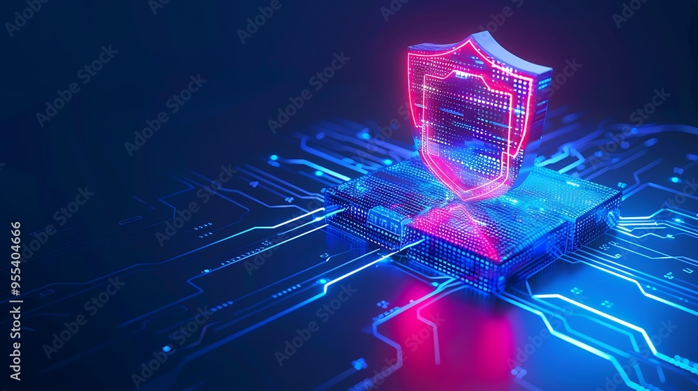 Poster digital shield icon over a microchip, representing cybersecurity and data protection in a high-tech 
