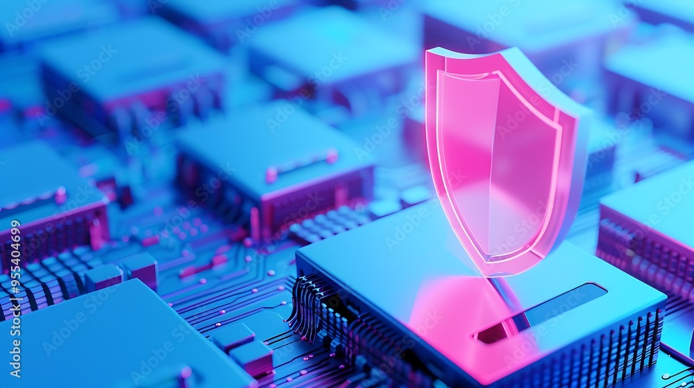 Poster digital shield icon representing cyber security on a blue circuit board, highlighting data protectio