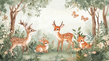 Bring the magic of the forest into your child's room with this enchanting wallpaper mural. Featuring adorable animals like deer, foxes, and bunnies frolicking amidst lush greenery