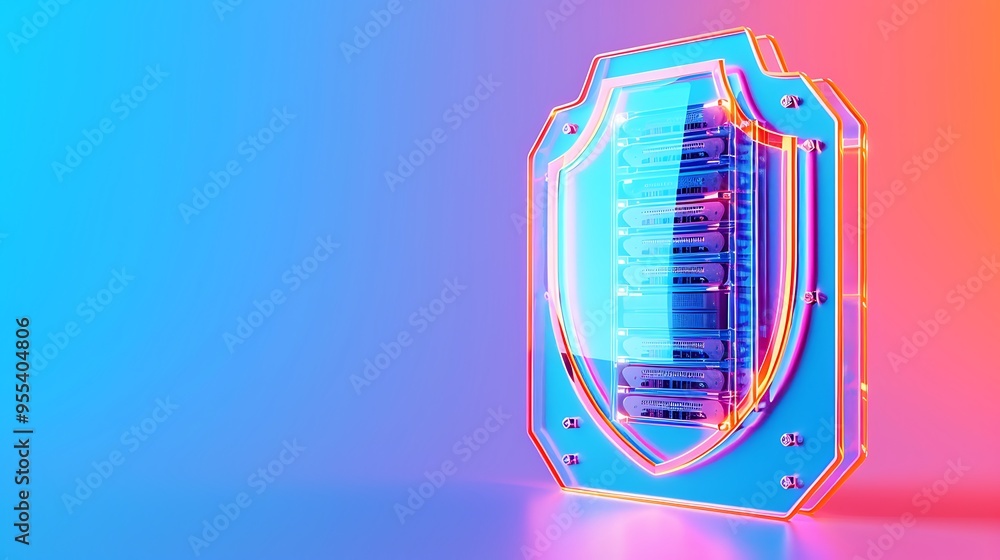 Poster digital shield icon representing cybersecurity and data protection in a colorful and futuristic 3d i
