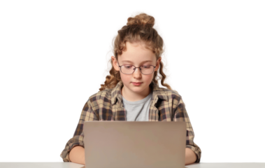 PNG American girl student studying online computer laptop electronics.