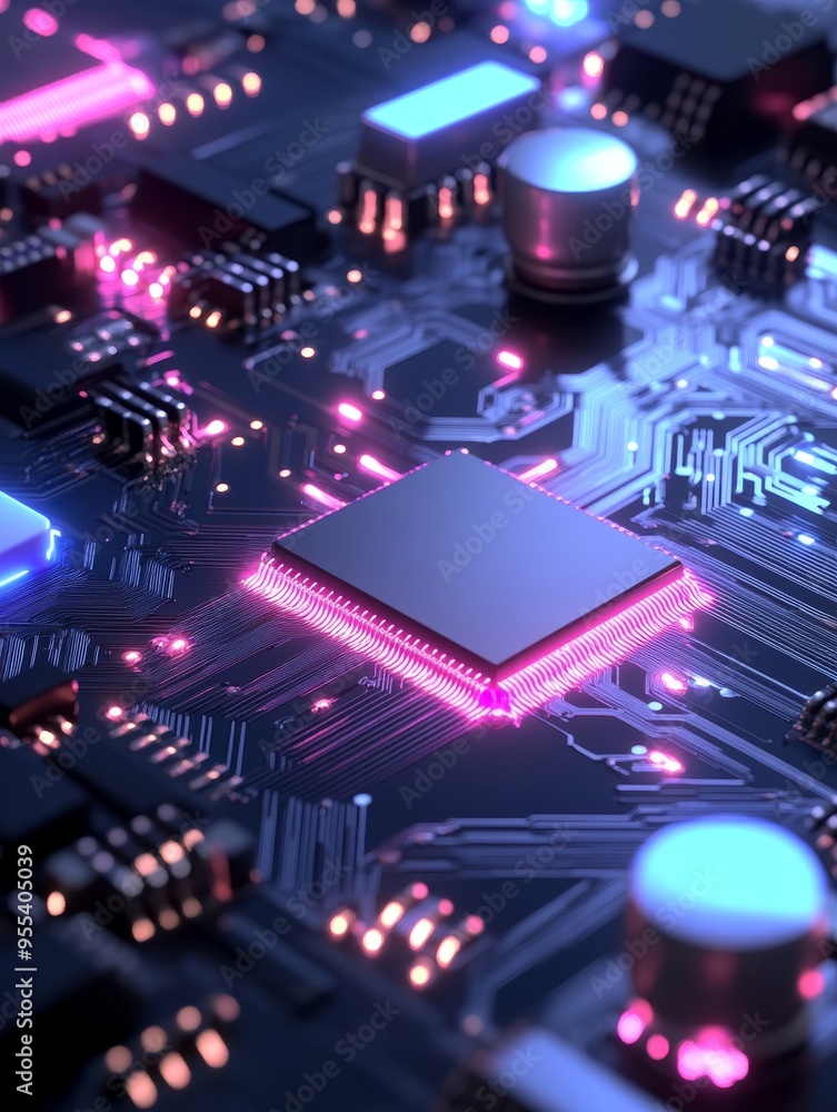 Poster an abstract image of a circuit board with glowing pink and blue lights. the image symbolizes technol