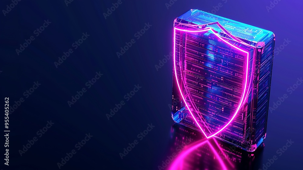 Poster digital shield in neon glow, representing cybersecurity and data protection on a dark background. co