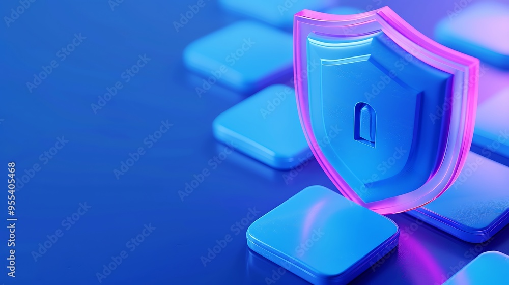 Poster digital shield on a blue keyboard symbolizing cybersecurity, data protection, and secure online comm