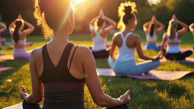 Sunset yoga session in the park brings relaxation and peace to participants on a warm summer evening