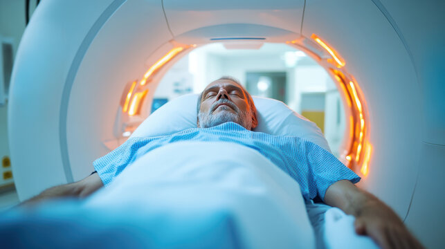 patient allong&eacute; sur une table d'examen de scanner IRM dans un h&ocirc;pital