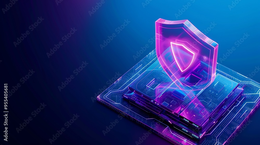 Poster digital shield on a motherboard representing cybersecurity and data protection in modern technology 