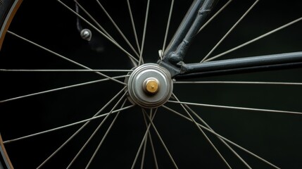 Close-up of a vintage penny-farthing bicycle wheel with intricate spoke detail. The wheel is crafted with precision, showcasing the craftsmanship and elegance of bygone era. The image captures the tim