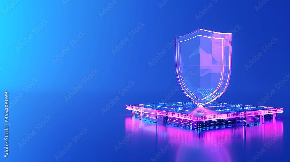Poster digital shield on futuristic platform, symbolizing cybersecurity and data protection in a virtual en