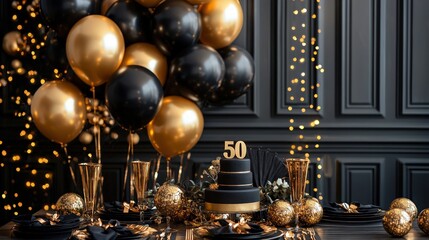 Black and golden decor for a 50th birthday or golden anniversary, featuring balloons and invitations.