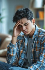 Young man with a headache sits on the sofa, holding his temple, feeling isolated at home
