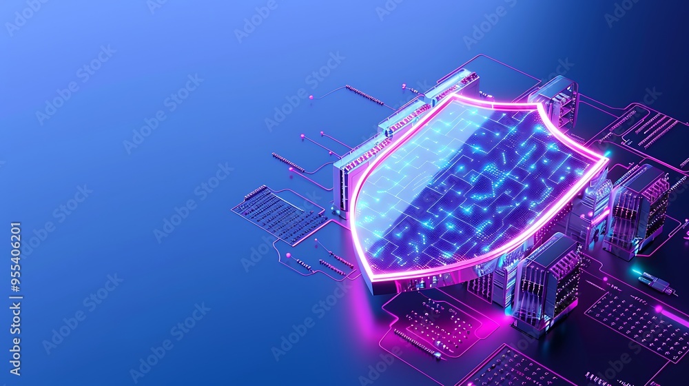 Poster digital shield over server network representing cybersecurity and data protection with neon glow on 