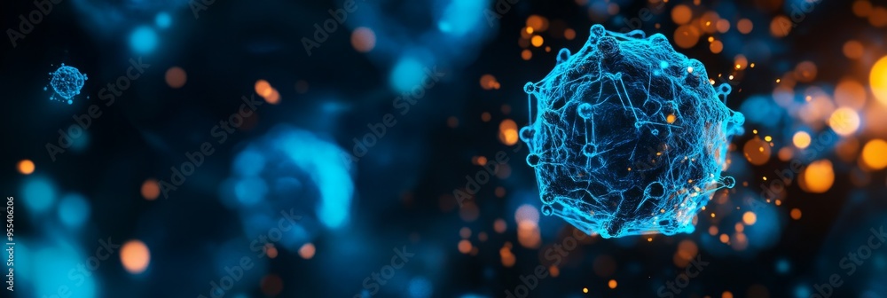 Aufkleber this abstract image depicts a glowing blue cell structure floating in space, surrounded by a field o