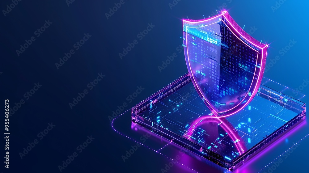 Poster digital shield over circuit board, representing cybersecurity protection and data safety in a tech-d