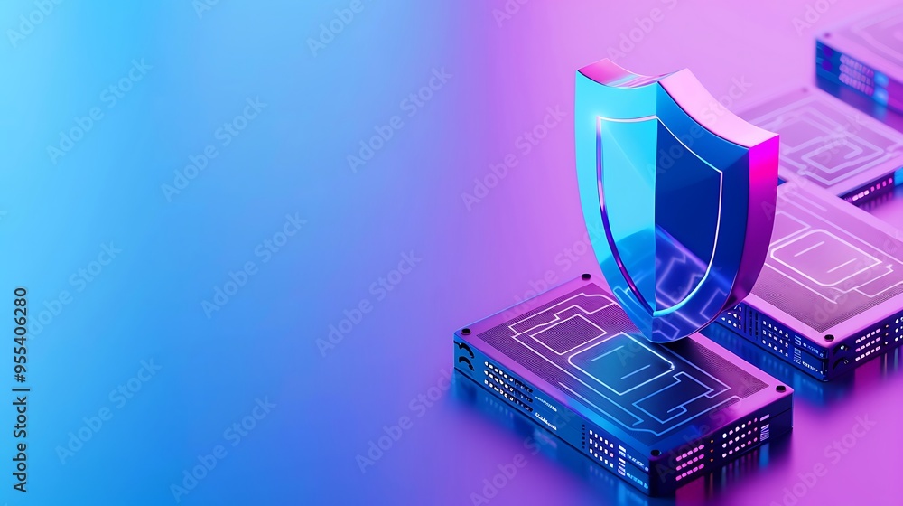 Poster digital shield protecting a computer chip on a vibrant background symbolizing cybersecurity and data