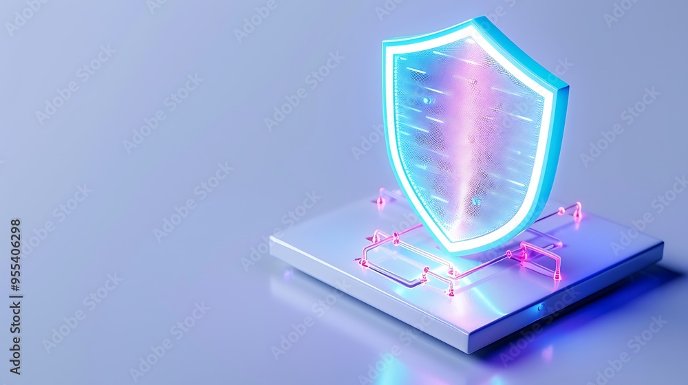 Poster digital shield protecting a computer chip, representing cybersecurity and data protection in a futur