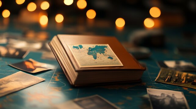 An old leather-bound map book with a world map on the cover lies open on a table surrounded by vintage photographs. The book evokes a sense of nostalgia, adventure, and travel. It symbolizes explorati