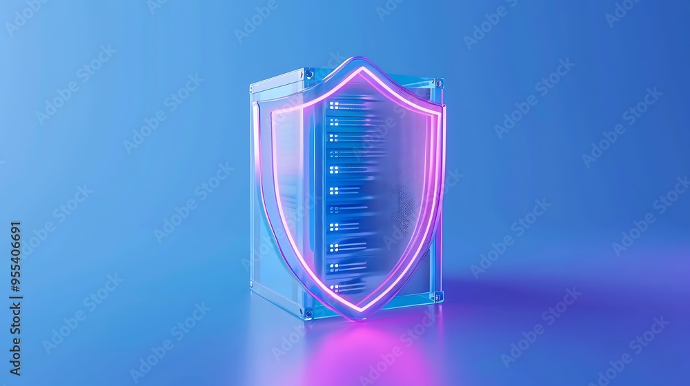 Aufkleber digital shield protecting a server, representing cybersecurity and data protection in a modern, tech