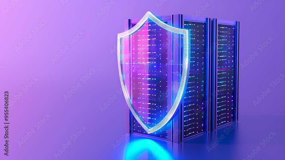 Poster digital shield protecting a server room in neon lights, representing cybersecurity and data protecti
