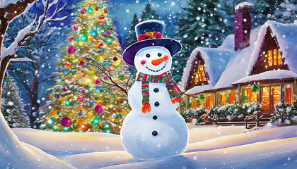Obraz premium A whimsical watercolor painting of a cheerful snowman with a Christmas tree adorned with colorful lights in a snowy landscape