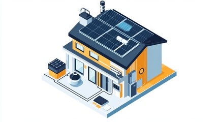 A diagram of a rooftop solar installation, showing the panels, wiring, inverter, and energy meter, efficient and ecofriendly, flat , isolated on white background